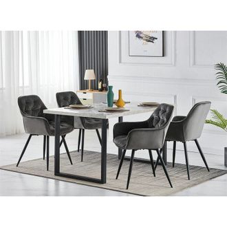 Ainpecca Ainpecca - 1.5M White Dining Table and Velvet Chairs 4 Set Padded Chairs Home Kitchen(1 TABLE+4 Grey chairs)