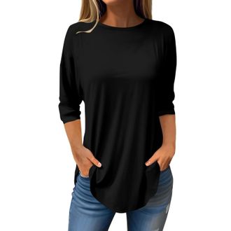 Generic Long Length T Shirt Fashionable Casual Round Neck and Three Quarter Sleeve Top Junior Girls T Shirts (Black, XL)