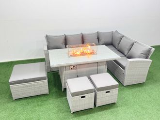 Fimous 9 Seat Rattan Garden Furniture Corner Sofa Set Gas Firepit Table Sets in Light Grey