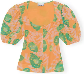 Ganni Printed Crepe Button Down Blouse - Size 10/12 Orange
