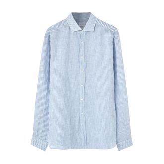 Xacus Gestreepte Linnen Overhemd - Heren - Casual Overhemden - Blauw - 2XL - Linnen - Overhemden