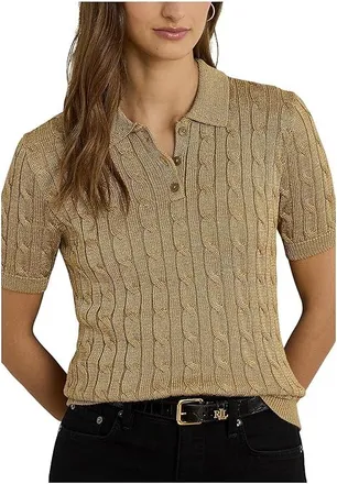 Lauren Ralph Lauren Metallic Cable-Knit Polo Sweater Womens Sweater Relic Gold Metallic : LG, Cotton/Polyester/Viscose