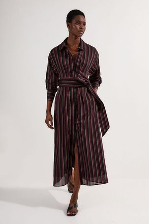 Karen Millen Womens Premium Cotton Tailored Belted Shirt Maxi Dress - Multicolour - Size 10 UK