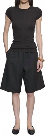 Enza Costa Textured Rib Cap Sleeve Crew Top In Black