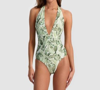 PQ Swim Floral Palm Halter One Piece Swimsuit In Green