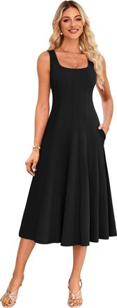 Grace Karin Womens Sleeveless Swing Dress Square Neck Pleated Skater Sun Dresses for Summer Black 2XL