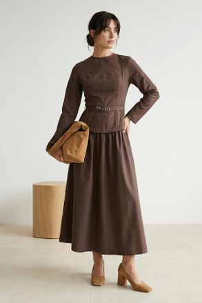 Trendyol Modest Dames Bruin Effen Maxi Lang Casual Skater Modest Jurken