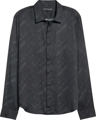 John Varvatos Rodney Print Long Sleeve Hidden Placket Shirt in Moss at Nordstrom, Size Xx-Large