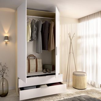 Dmora Armario Montclare De 2 Puertas, Ropero Dormitorio, Perchero, 2 Cajones, Un Estante, 51x204h Cm Blanco