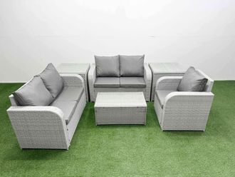 Fimous High Back Poly Rattan Garden Furniture Set w/ Reclining Chair Loveseat Sofa Rectangular Coffee Table Indoor Outdoor Patio Set 2 Side Table