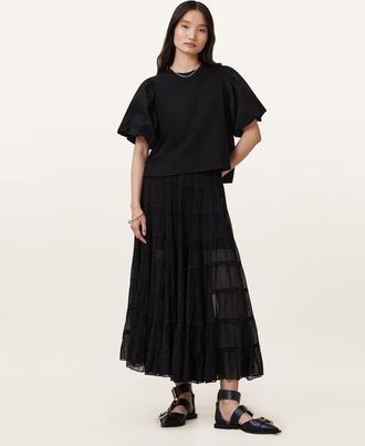 AllSaints Viscose Eva Tiered Midi Skirt, Size: UK 16/US 12