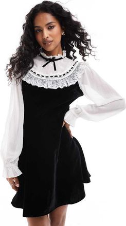 Miss Selfridge Vestito corto in velluto e chiffon bianco e nero con ricami-Multicolore