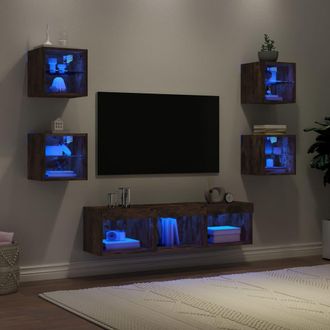 vidaXL Vidaxl - Muebles Tv Pared Con Led 7 Pzas Madera Ingenier&iacute;a Roble Ahumado