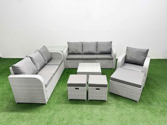 Fimous 10 Seater Poly Rattan Outdoor Garden Furniture Square Coffee Table Sofa Set Patio 3 Seater Sofa Reclining Chair 3 Seater Sofa 3 Stools Side