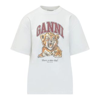Ganni T-Shirts, female, White, Size: M Beaded Tiger T-shirt
