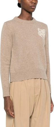 Maison Kitsun&eacute; Fox Head Intarsia Sweater - Dames - Ronde hals truien - Beige - S - Wol - Truien & Vesten