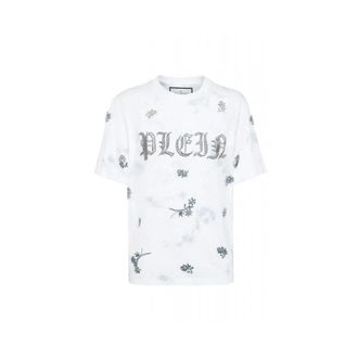 Philipp Plein Tops, Dames, Wit, M, Katoen, Tie-Dye T-Shirt Ronde Hals SS Flowers