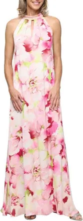 S.L. Fashions Floral Halter Chiffon A-Line Dress in Pink Multi at Nordstrom, Size 16