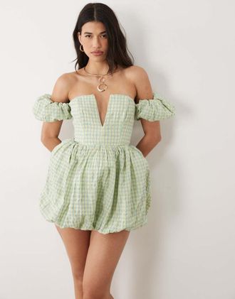 Asos Vestito corto a palloncino blu e giallo a quadretti-Multicolore