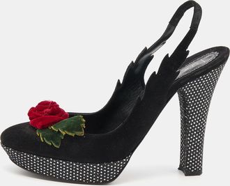 Casadei Black Suede Rose Platform Slingback Sandals