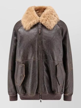 Brunello Cucinelli leather jacket shearling collar snap pockets