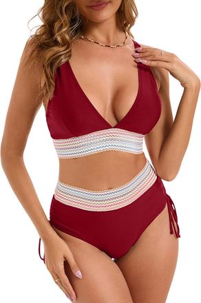Generic Swimsuits for Women 2 Pieces Sexy Bikini Set Side Drawstring High Waisted Bathing Suits Solid V Neck Push Up Beachwear Swimming Costume Holiday Vacati