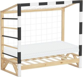 ML Design Ml-design - Cama Infantil 70 X 140 Cm En Forma De Porter&iacute;a De F&uacute;tbol Con Colch&oacute;n, Cuna Individual De Madera De Pino Con Somier De L&aacute;minas, Red Y Escal