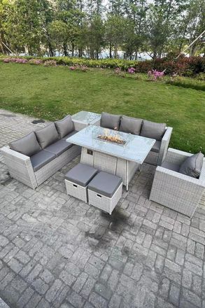 Fimous Rattan Fire Pit Garden Furniture Dining Table Set Gas Heater Burner Lounge Sofa Side Coffee Table in Light Grey