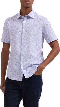 Bugatchi Miles OoohCotton Tropical Leaf Print Short Sleeve Button-Up Shirt in Lilac at Nordstrom, Size Xx-Large