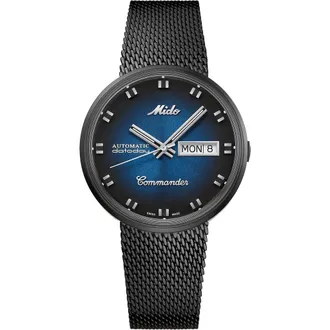 Mido Commander Shade Automatic Mesh Strap Watch, 37mm in Black/Blue at Nordstrom