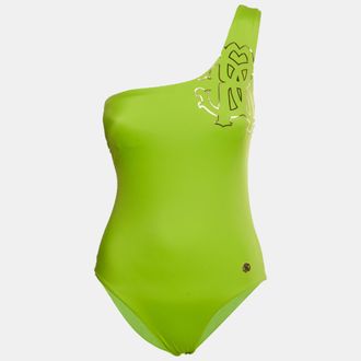 Roberto Cavalli Green Monogram Knit One-Shoulder Swimsuit