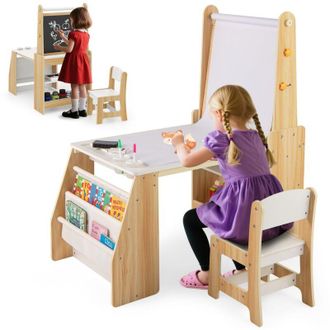 Costway Set Tavolo e Sedia per Bambini, Tavolo in Materiale Sicuro con Lavagna e Sedia, Lavagna Bianca, Rotolo di Carta, 2 Ripiani Aperti e Libreria