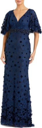 Mac Duggal Embellished Floral Short Sleeve Gown in Midnight at Nordstrom, Size 10