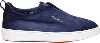 Santoni Slip-On Suede Sneakers With Rounded Toe And Decorative Buckle