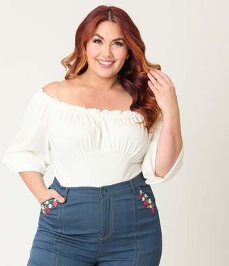Unique Vintage Plus Size Peasant Sleeve Blouse in Solid Ivory at Nordstrom, Size 4X