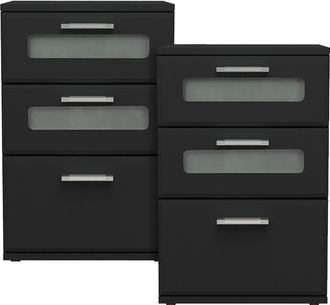 ML Design Ml-design - 2x Mesitas De Noche Con 3x Cajones 40 X 60 X 38 Cm Negro Mesa Auxiliar Con Inserto De Vidrio C&oacute;moda Lisa De Madera Mueble Cajonera Consola