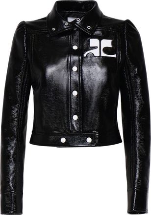 Courrèges Light Jackets, female, Black, Size: M Black Vinyl Jacket with Logo Patch