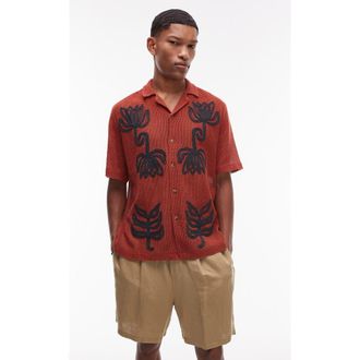Topman Oversize Floral Appliqu&eacute; Camp Shirt in Rust at Nordstrom Rack, Size Small