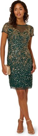 Adrianna Papell Womens Beaded Sheath Dress - Green - Size 16 UK