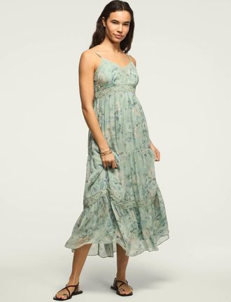 Lucky Brand Womens Printed Lace Tiered Midi Dress