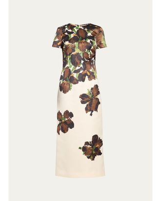 Oscar De La Renta Short-Sleeve Watercolor Iris Print Midi Dress