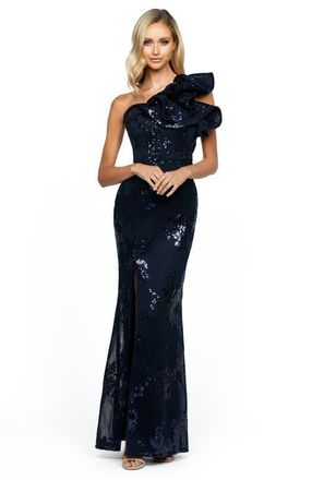 Bariano Jessie One Shoulder Gown in Navy at Nordstrom, Size 14