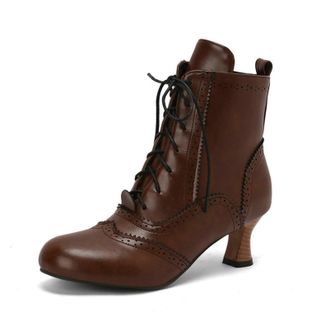 Generic Womens 5.5cm Kitten Heel Brogue Ankle Boots with Lace-Up,Vintage-Style,Brown,1.5 UK