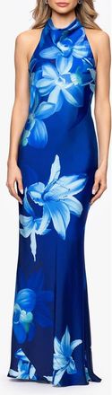 Betsy & Adam Floral Halter Neck Hammered Satin Gown in Blue/Multi at Nordstrom, Size 14
