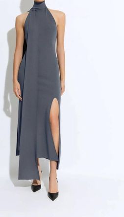 Sally Lapointe Matte Viscose Halterneck Dress In Gray Blue