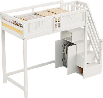 STILVORA Cama Alta Individual Con Ventana, Estantes Y Escalera Reversible 90 &times; 200 Cm, Sin Colch&oacute;n, Blanca