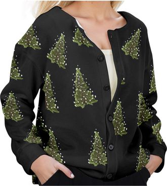 Generic 2025 Christmas Womens Cardigan Lightweight Long Sleeve Button Top Ladies Chunky Cable Knit Reindeer Christmas Print Winter Cardigans Loose Funny Snowm