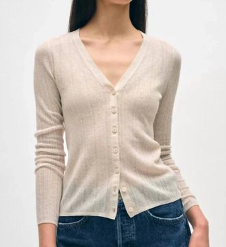 White + Warren Rib V-Neck Cardigan In Beige