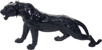 Hhg Hhg - Nunca Usado] Figura Decorativa Leopardo 59cm, Escultura De Poliresina Pantera, Interior/exterior, Negro Alto Brillo Con Collar