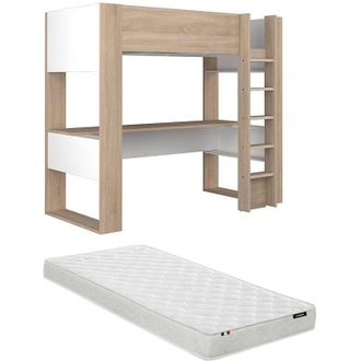 Vente-Unique Letto a soppalco con scrivania e vani portaoggetti integrati 90 x 200 cm Rovere e Bianco + Materasso - NOAH II